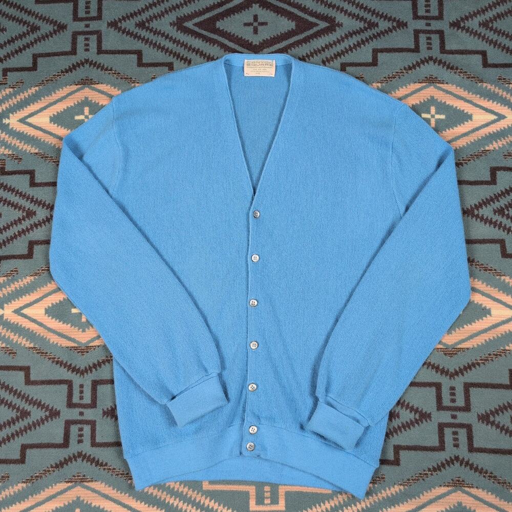 Vintage 70's Canyon Square Cardigan Sweater Knit Sky Blue XL Tall Grandpacore